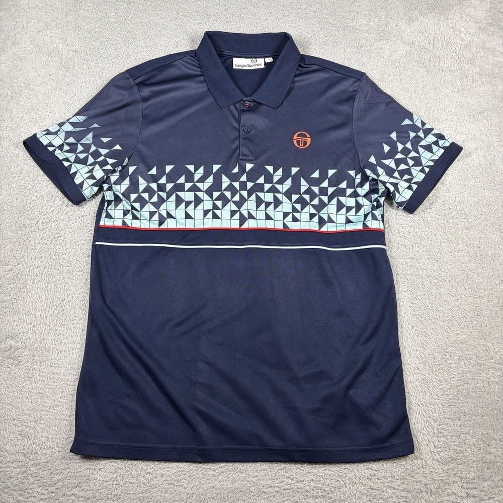 Sergio Tacchini Performance Polo Shirt Mens Large Navy Blue Geometric Pattern